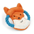 Side view of fox face dog toy made with soft orange fleece with a white fabric chin, smiley face stitch details. Blue rope handles on each side on a white background. 