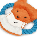 Close up view of fox face dog toy made with soft orange fleece with a white fabric chin, smiley face stitch details. Blue rope handles on each side on a white background. 