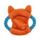 Back view of fox face dog toy made with soft orange fleece. Blue rope handles on each side on a white background. 