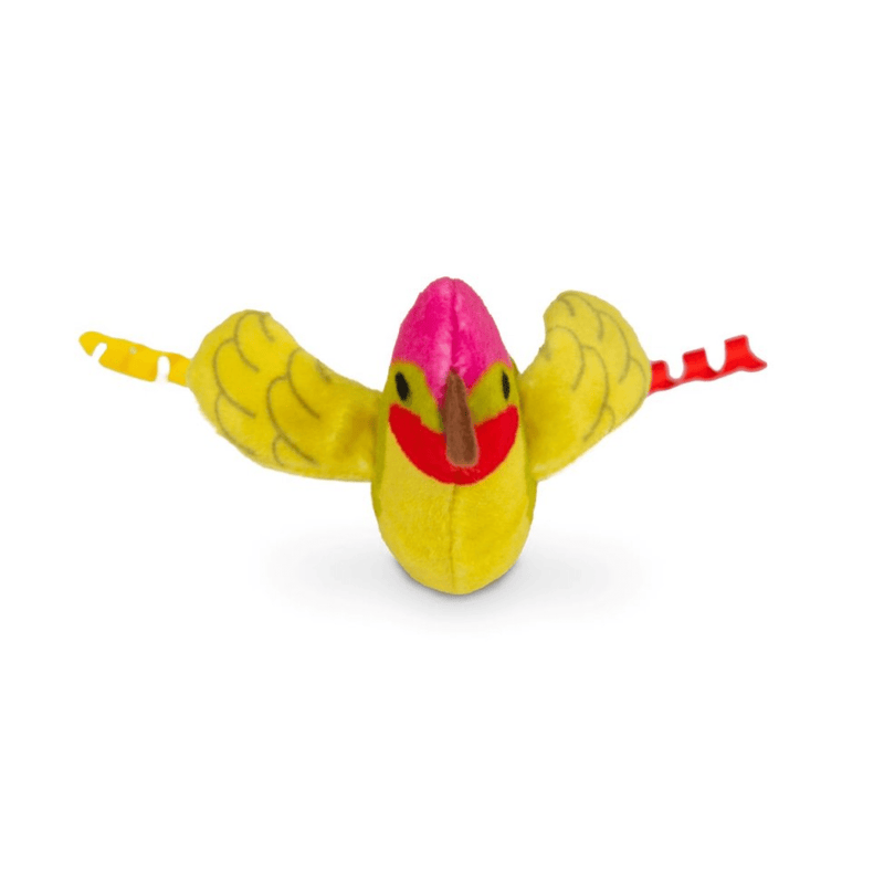 Front view of green, pink and yellow Hummingbird cat toy on a white background. 