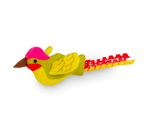 Green, pink and yellow Hummingbird cat toy with a three curls of ribbon as tail on a white background. 