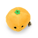 Top view of orange fruit plush toy with green leaf detail and a smiley face. 
