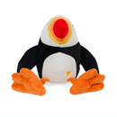 Front view of Plush Puffin dog toy with a red, orange and yellow beak and orange feet, sitting on a white back ground. 