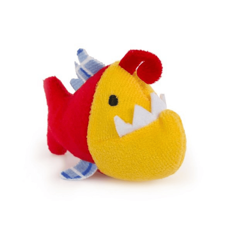 Yellow and Red Piranha cat toy with white felt teeth and blue fins on a white background. 