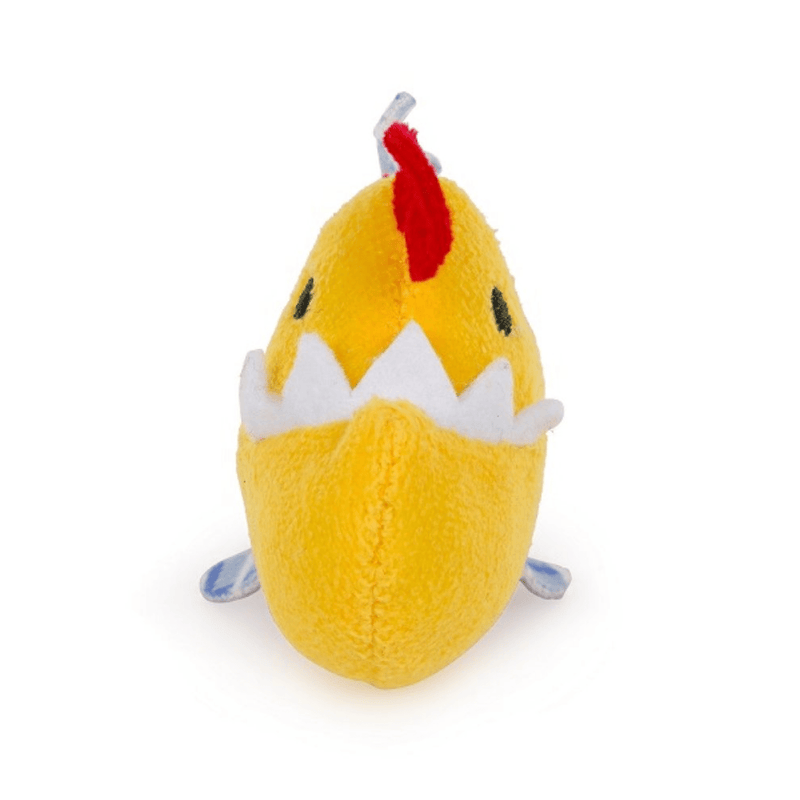 Front view of yellow and red Piranha cat toy with white felt teeth and blue fins on a white background. 