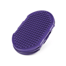 Purple rubber grooming mitt out of packaging on a white background.
