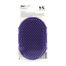 Purple rubber grooming mitt, packed on a cardboard sleeve on a white background. 