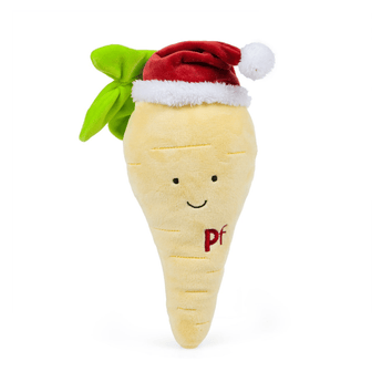 White background with a front view of a plush toy parsnip with a red Santa hat and stitched eyes and smile. 