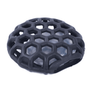 Close up of a black hexagon cage with plastic squeaker inside. 