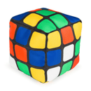 Back view of retro style cube dog toy with blue, green, orange, yellow and white squares on a white background. 