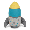 Back view of plush rocket dog toy with yellow top, blue middle, grey wings and bottom with multicoloured stars. Sat on a white background.