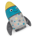 Side view of rocket dog toy with yellow top, blue middle, grey wings and bottom with multicoloured stars. Stitch detail of smiley face. Sat on a white background. 