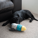 Young black Labrador with rocket dog toy with yellow top, blue middle, grey wings and bottom with multicoloured stars in it's mouth. Lying on cream carpet with a brown leather sofa in the background. 