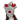 Close up of face of a grey reindeer dog toy with green and red twisted rope for legs and red fabric antlers on a white background. 