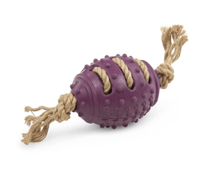 White background with a purple Petface Rubber Rugby Ball Dog Toy with rope. 
