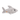 Other side view of grey plush toy shark with orange 'PF' on tail on white background. 