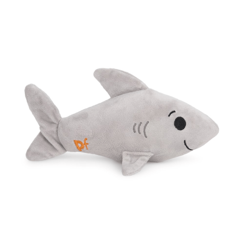 Other side view of grey plush toy shark with orange 'PF' on tail on white background. 