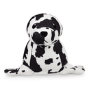 Front view of black and white seal plush dog toy on a white back ground. 