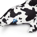 Close up view of black and white seal plush dog toy's side with stitch detailing of text 'PF' on a white background. 