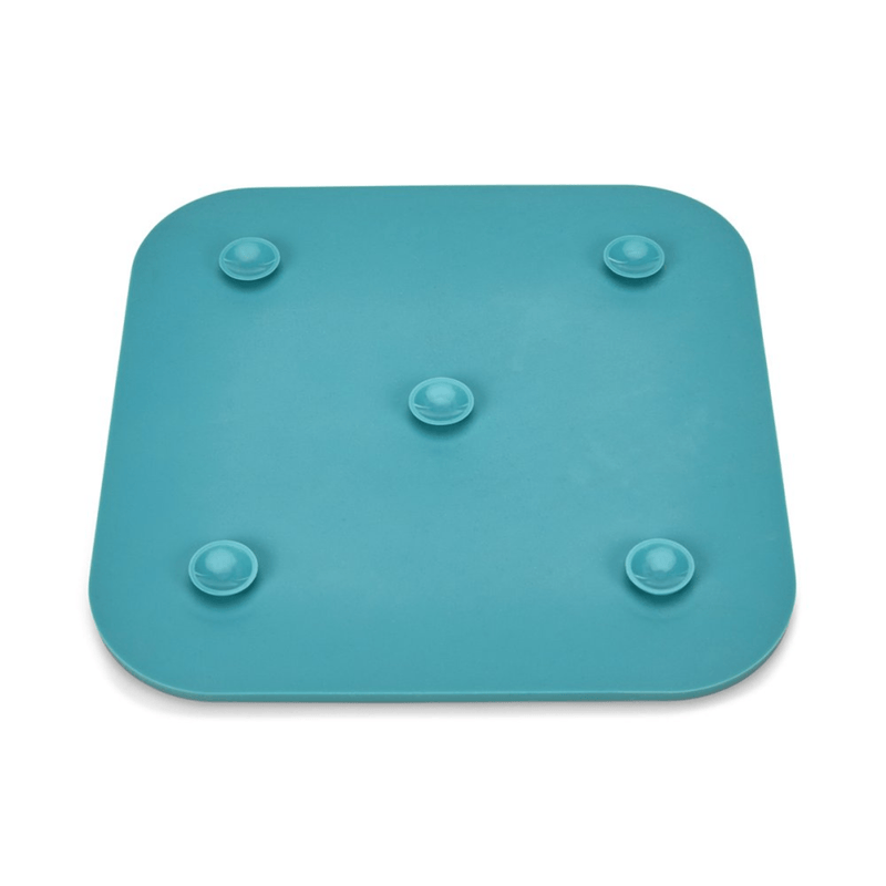 Back view of blue silicone lick mat, showing the five suction cups on the base pictured on a white background. 