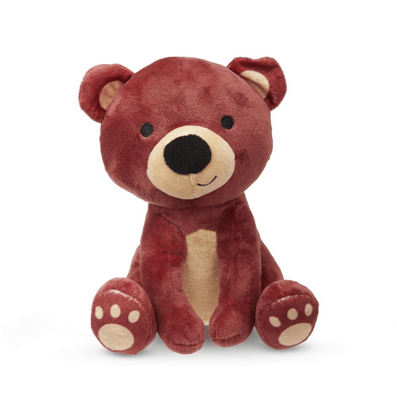 Brown teddy bear dog toy with a cream muzzle, belly and paws sat on a white background. 