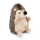 Sideview of hedgehog dog toy with a cream belly, face, legs and ears and brown spikey effect soft fabric for spines. Stitch detail in green of 'PF' on belly. Sat on a white background. 