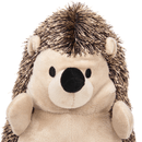 Close up of front facing hedgehog dog toy with a cream belly, face, legs and ears and brown spikey effect soft fabric for spines. Sat on a white background. 