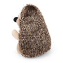 Rear view of hedgehog dog toy with a brown spikey effect soft fabric for spines, cream legs, face and ears partially visible. Sat on a white background. 