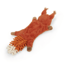 Back view of squirrel dog toy with orange fur, tail made out of orange microfibre with a white tip on a white background. 