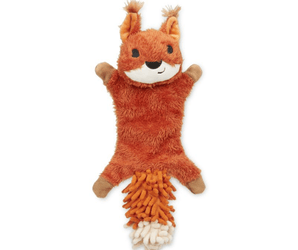 Squirrel dog toy with orange fur and a white chin, tail made out of orange microfibre with a white tip on a white background. 