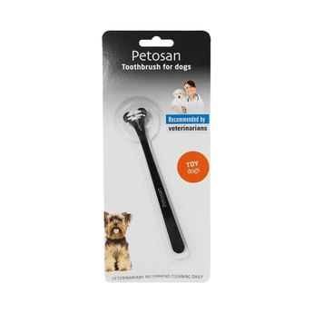 White background with a packet containing a Petosan Double Headed Toothbrush for small dogs. On the packet is a Yorkshire terrier dog. 