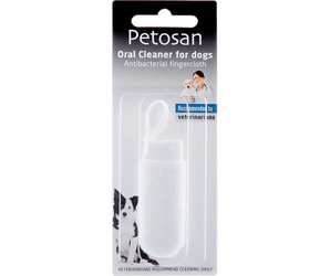 White background with a packet containing a Petosan Microfibre fingercloth Oral Cleaner for pets. On the packet is a black and white collie dog. 