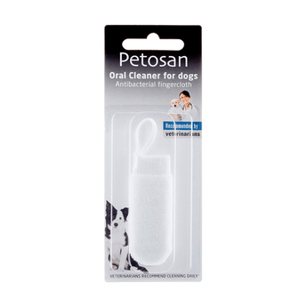 White background with a packet containing a Petosan Microfibre fingercloth Oral Cleaner for pets. On the packet is a black and white collie dog. 