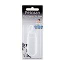 White background with a packet containing a Petosan Microfibre fingercloth Oral Cleaner for pets. On the packet is a black and white collie dog. 