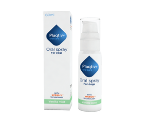 Plaqtiv oral spray for dogs with packaging on a white background