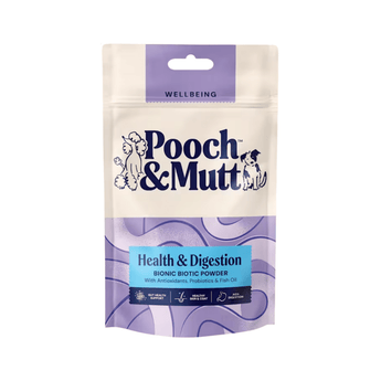 A pouch of Pooch & Mutt Health & Digestion Bionic Biotic Powder dog supplement, featuring a cream and purple design with blue branding text.