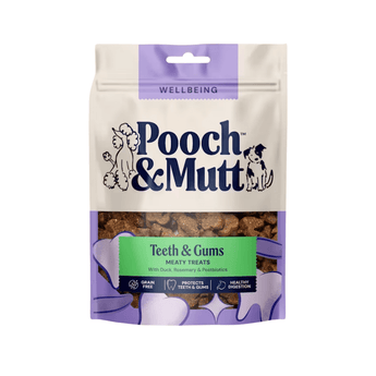 A stand-up pouch of Pooch & Mutt dog teeth and gums meaty treats. The packaging is cream-colored with a purple 'Wellbeing' banner, dark blue brand logo, and a green label indicating the flavor.