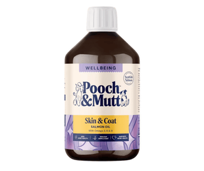 A bottle of Pooch & Mutt Salmon Oil skin and coat treatment for dogs, featuring a white cap, amber brown bottle, and a cream, purple, and yellow label.