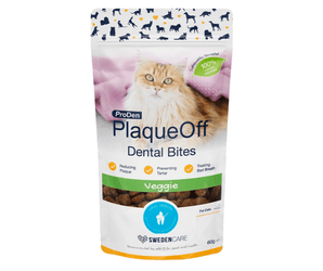 White background with a packet of ProDen PlaqueOff Dental Bites Veggie flavour for Cats. Pictured on the packet is a long haired tabby cat. 