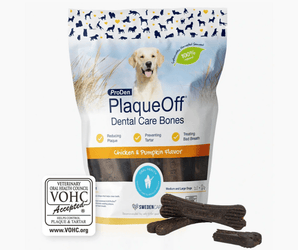White background with a packet of ProDen PlaqueOff Dental Care Bones - Chicken & Pumpkin flavour for Medium and Large Dogs. Pictured on the packet is a Labrador dog.