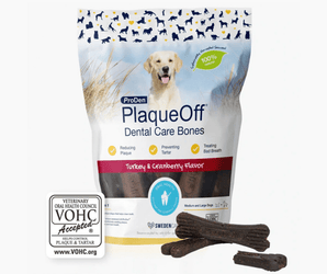 White background with a packet of ProDen PlaqueOff Dental Care Bones - Turkey & Cranberry flavour for Medium and Large Dogs. Pictured on the packet is a Labrador dog.