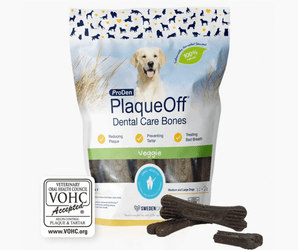 White background with a packet of ProDen PlaqueOff Dental Care Bones - Veggie flavour for Medium and Large Dogs. Pictured on the packet is a Labrador dog.
