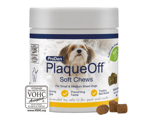 White background with a tub of ProDen PlaqueOff Soft Chews for Small Dogs.