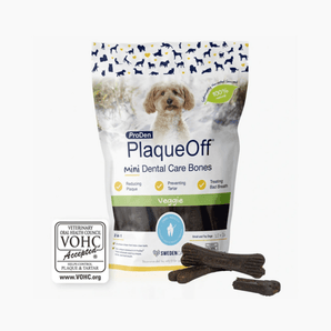 White background with a packet of ProDen PlaqueOff Mini Dental Care Bones - Veggie flavour for Small Dogs. Pictured on the packet is a long haired cream dog. 