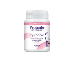 White background with a bottle of Protexin Cystophan 30 capsules picutred. On the bottle is an outline of a cat and text on the bottle reads 'High level support for feline urinary health, 30 capsules for cats'.