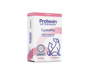 White background with a box of Protexin CystopPro 30 capsules picutred. On the box is an outline of a cat and dog. Text on the box reads 'High level support for urinary & gut health, 30 capsules for dogs and cats'.