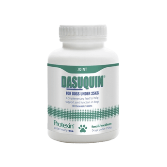 White background with a bottle of Protexin Dasuquin 80 tablets picutred. Text on the bottle reads 'For dogs under 25kg, complementary feed to help support joint function in dogs.'