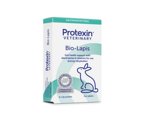 White background with a box of Protexin Bio-Lapis for rabbits sachets picutred. On the box is an outline of a rabbit. Text on the box reads 'Gut health support with electrolytes & vitamins for use during rehydration.'