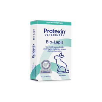 White background with a box of Protexin Bio-Lapis for rabbits sachets picutred. On the box is an outline of a rabbit. Text on the box reads 'Gut health support with electrolytes & vitamins for use during rehydration.'