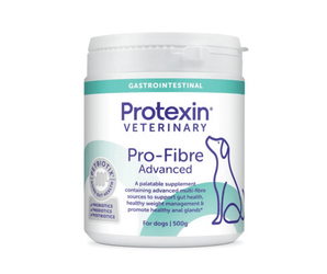 White background with a bottle of Protexin Pro-Fibre for dogs capsules picutred. On the bottle is an outline of a dog. Text on the box reads 'A palatable supplement containing advanced multi-fibre sources to support gut health, healthy weight management & promote healthy anal glands*.'